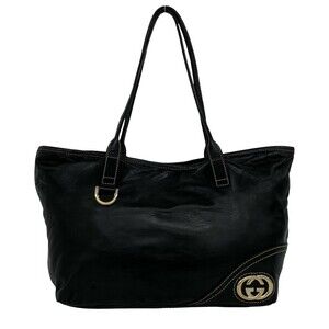 GUCCI New Brit GG Logo Hardware Leather Semi-Shoulder Bag Tote Black 34877